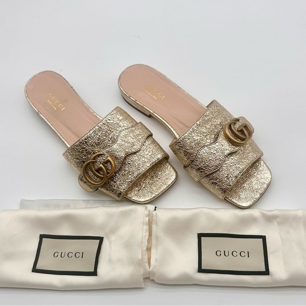 Gucci Marmont Double G Slide Sandals Gold Metallic Leather GG Flat EU 36 US 6 - Picture 1 of 12